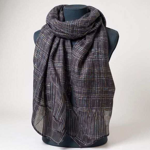 Sezane Scarf Wrap Silk Metallic Thread Black Sheer Fair Whimsygoth 28x75” - Picture 1 of 7